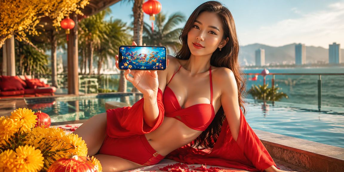 Trò chơi bắn cá tại bãi biển Đà Nẵng với màn hình sáng rực bên bờ biển đêm