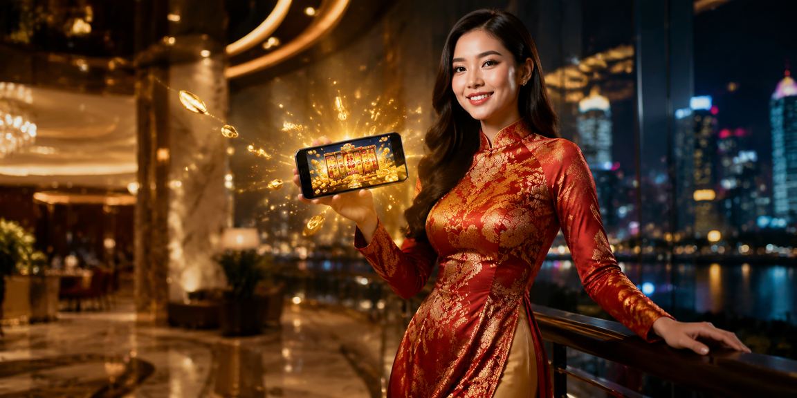 Người chơi tại Hà Nội trải nghiệm slot game trên điện thoại với trang phục áo dài truyền thống