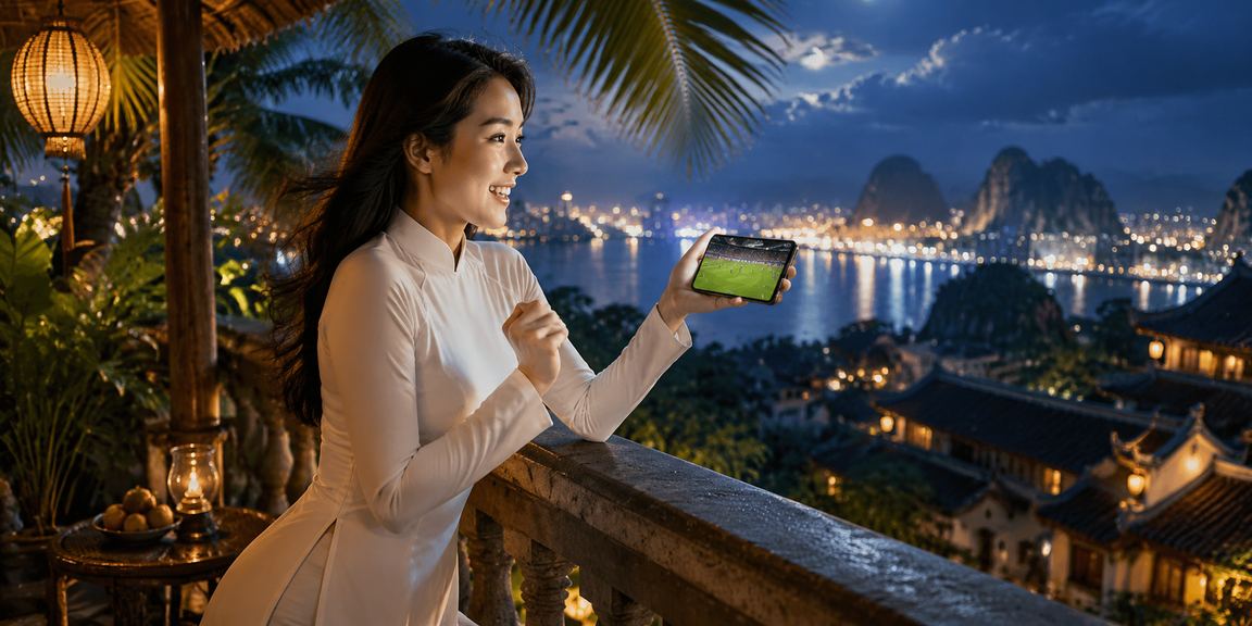 Người dùng Ninh Bình trải nghiệm cá cược thể thao trực tuyến trên điện thoại với trang phục áo dài truyền thống