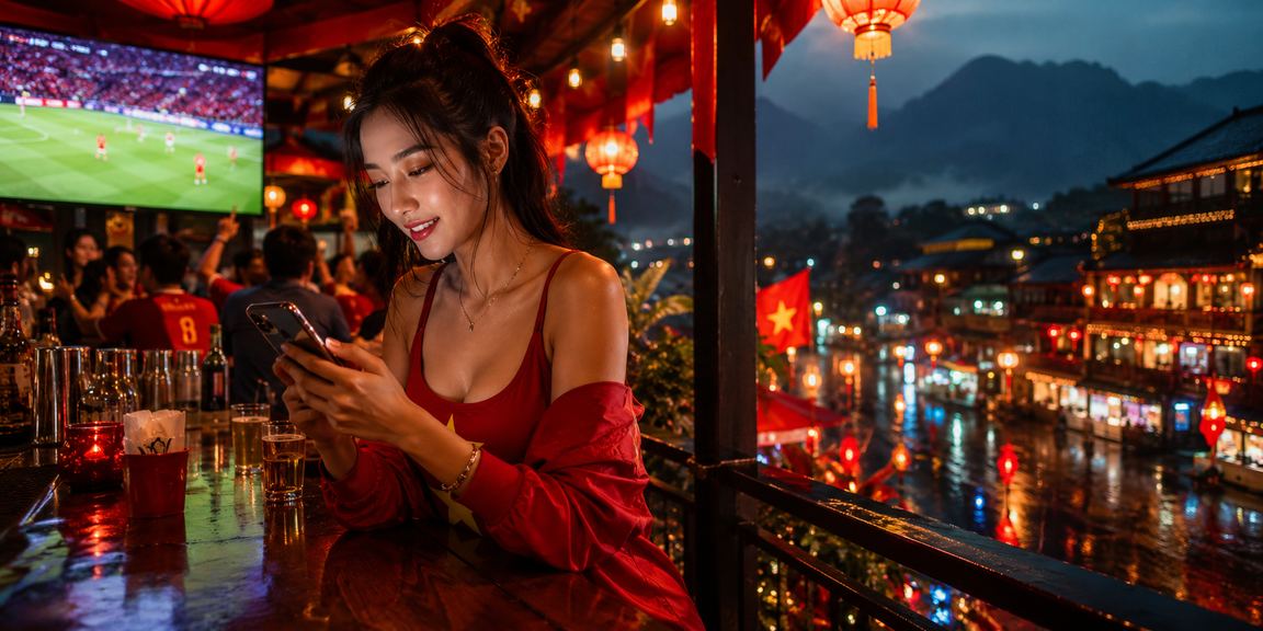 Người dùng tại Sapa theo dõi kèo bóng đá Việt Nam trên điện thoại giữa khung cảnh núi rừng